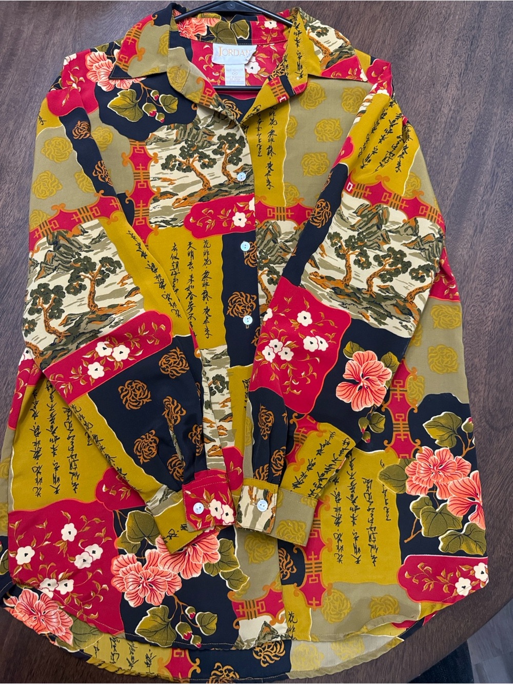 Woman’s long-Sleeve Floral & Patchwork Button-Up Shirt - Red, Mustard, Black